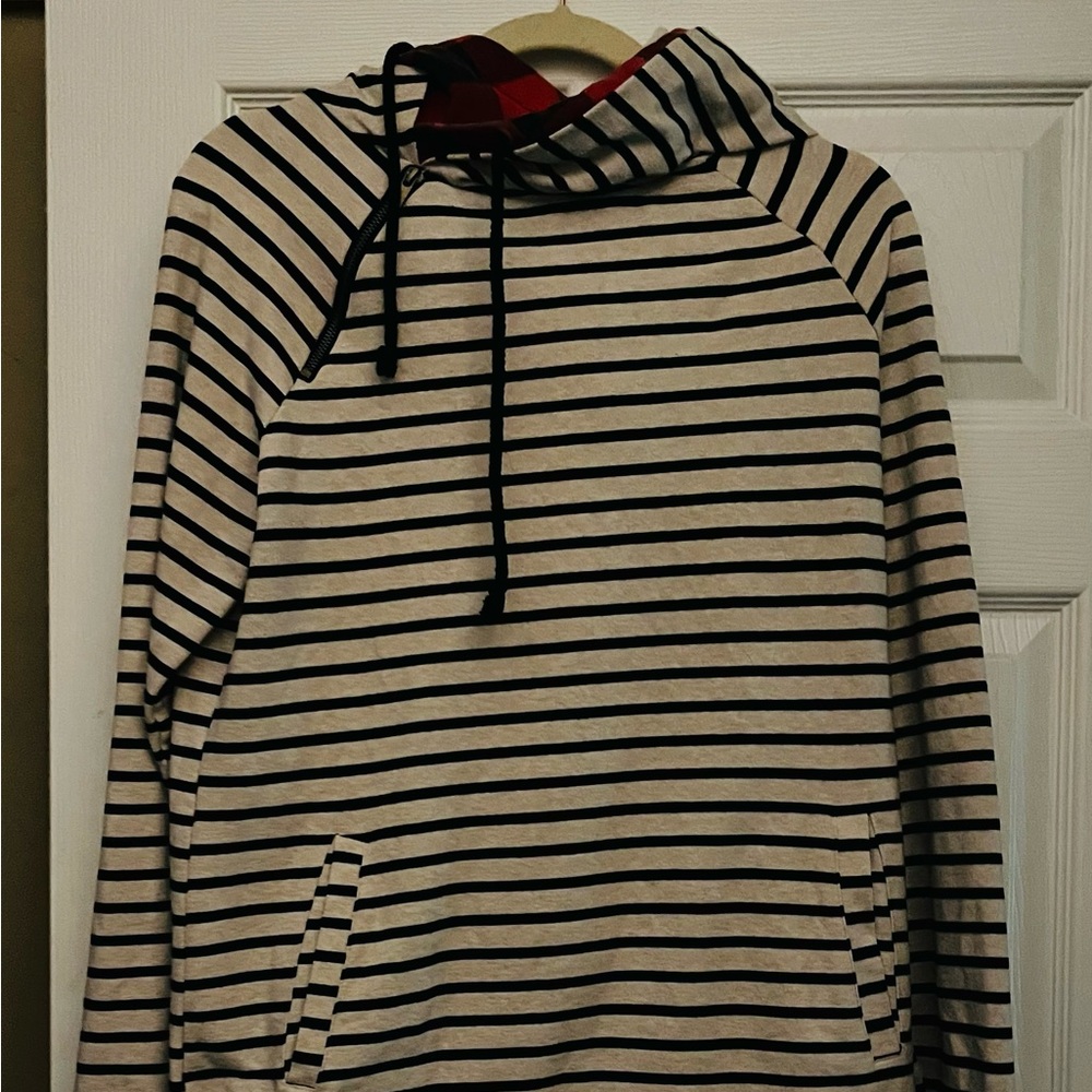 Ampersand Avenue striped sweater with buffalo plaid detail